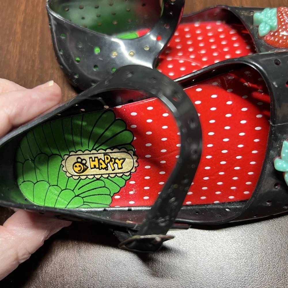 Vtg Happy Jelly Shoes Toddler Girls 9-10 Black Strawberry Mary Jane Y2K Discont.